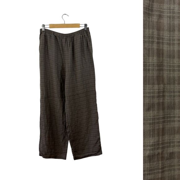 Eileen Fisher Large Silk Linen Pajama Pants Plaid Lightweight Lounge Womens - Picture 1 of 10